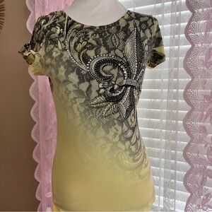 Y2K Lace-Overlay Embellished Yellow Gradient Women's Tee